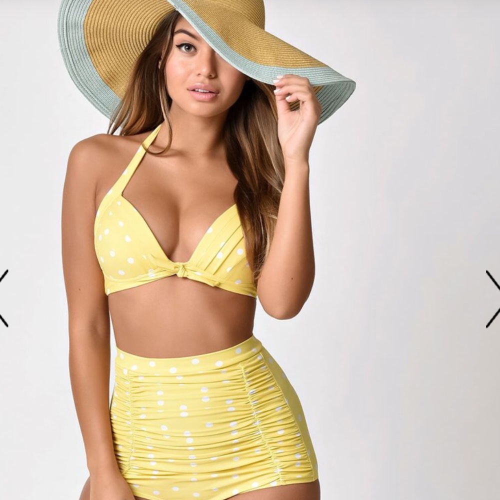 NWT Two piece yellow and white polka dot swim suit